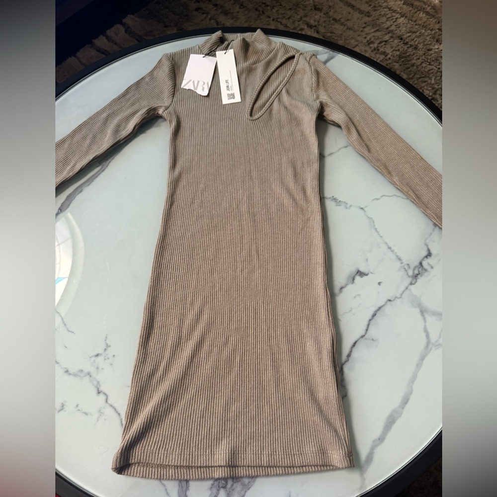 NWT Zara Taupe Long Sleeve Ribbed Dress